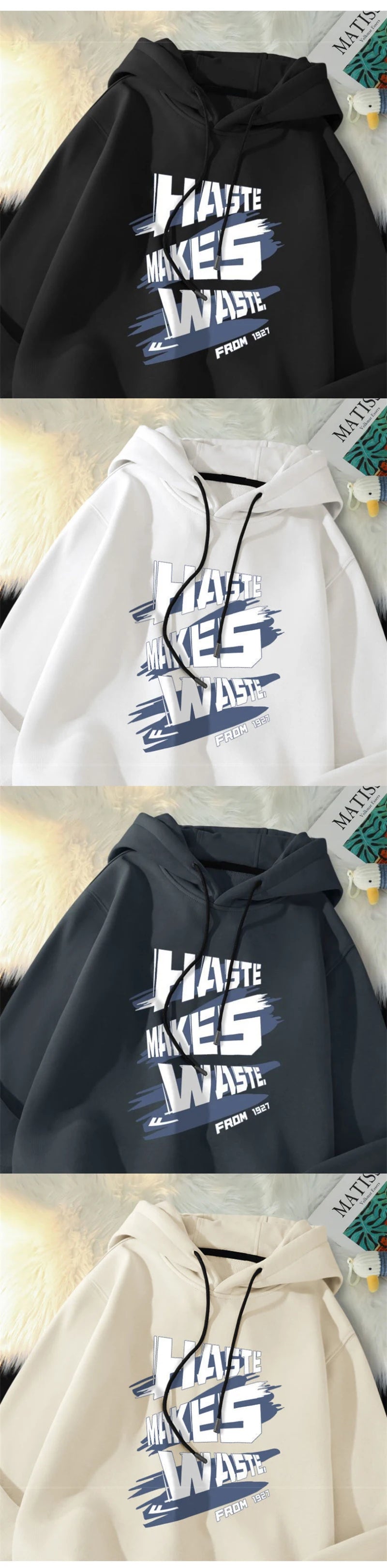 Haste Makes Waste Printed Hoody Man Personality Hip Hop Casual Pullover Hoodies Letter Y2K Streetwear Hooded Sweatshirts Street King Limited