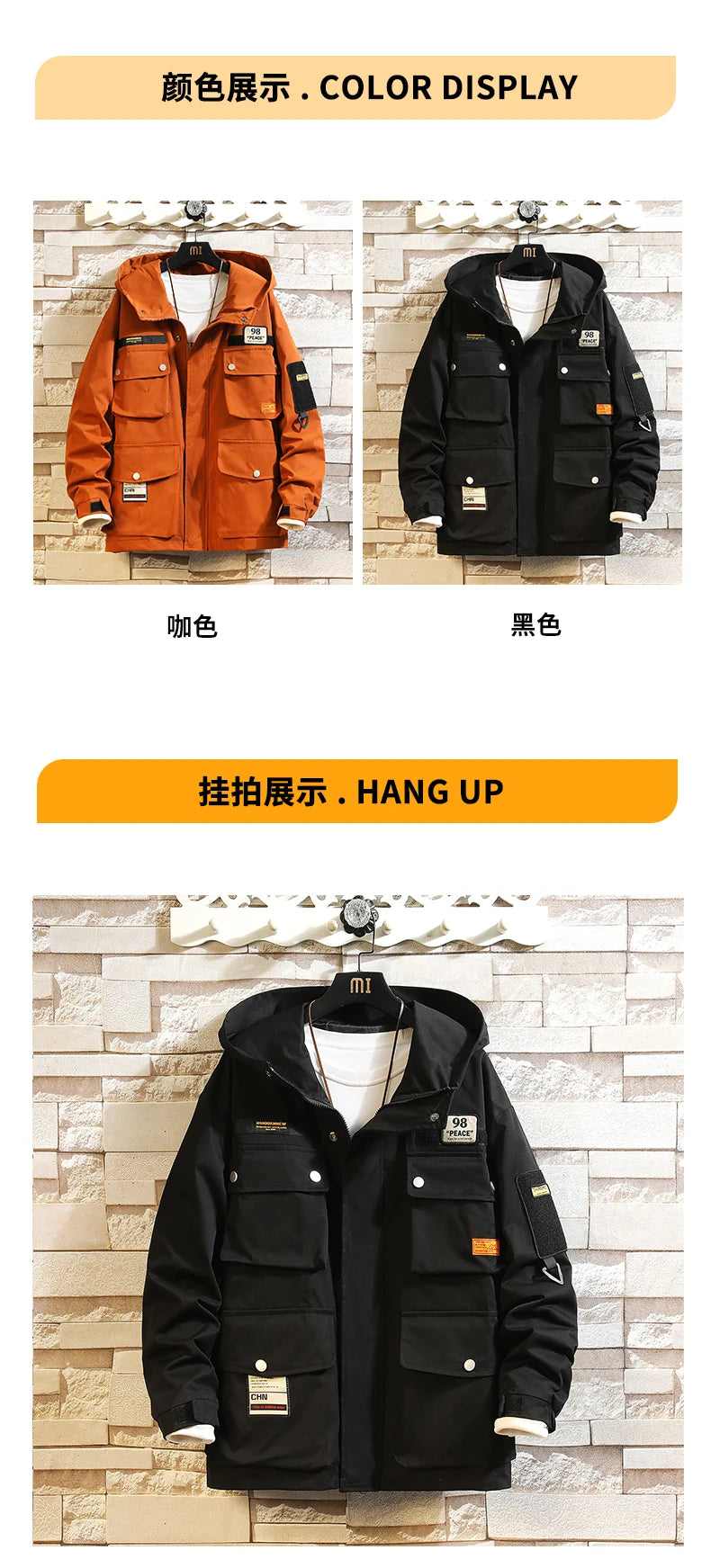 men jacket multi pockets hooded outwear korean fashion patch jackets zipper coats retro techwear oversize men clothing unique default style 376