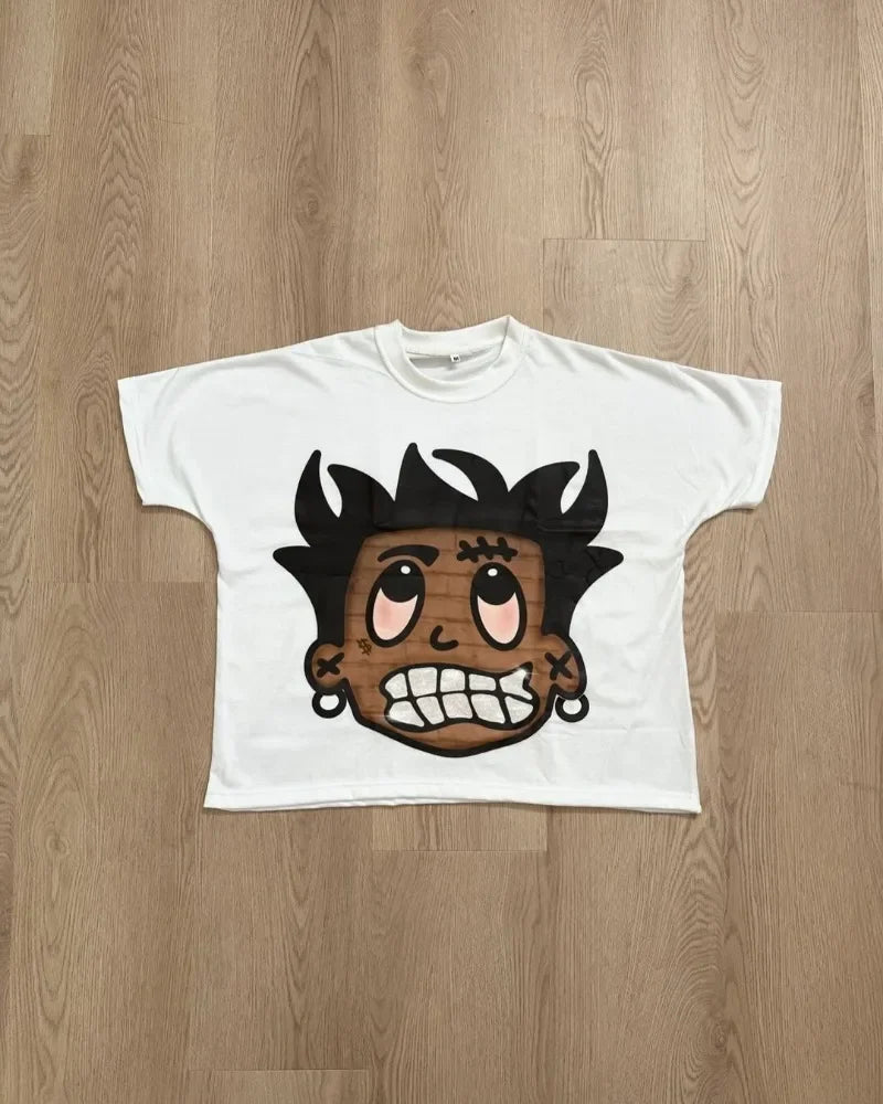 2024 High Street Hip-hop Retro Anime Print Short-sleeved Summer Street Cotton Round Neck Top Men Y2k Casual Oversized T-shirt Street King Limited