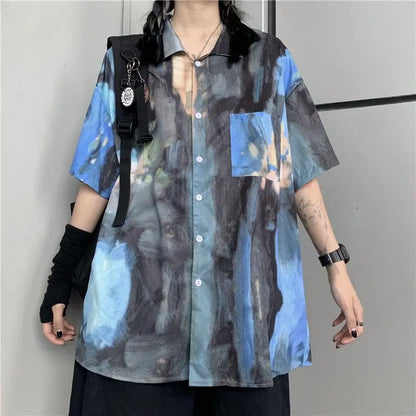 Korean style shirts for men and women 2024 new summer design niche retro tie-dye shirts loose short-sleeved tops trendy y2k tops Street King Limited