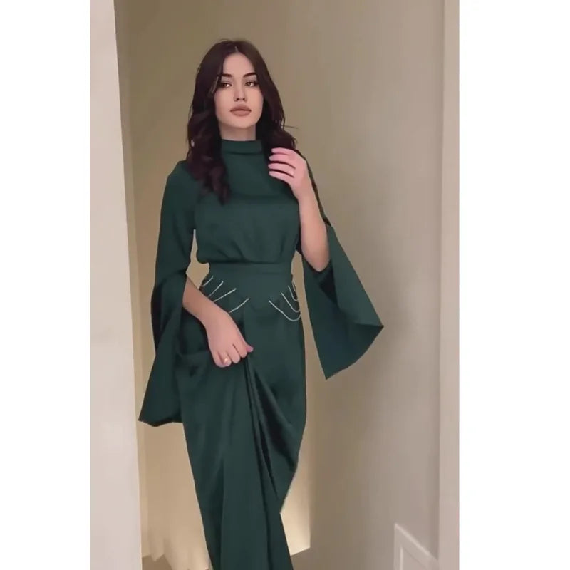 Elegant Lady Long Satin Dress Half High Collar Flare Sleeves Party Bodycon Dress Streetwear Solid Slim Evening Dresses For Women Street King Limited