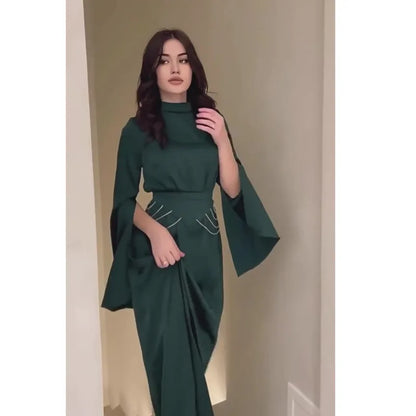 Elegant Lady Long Satin Dress Half High Collar Flare Sleeves Party Bodycon Dress Streetwear Solid Slim Evening Dresses For Women Street King Limited