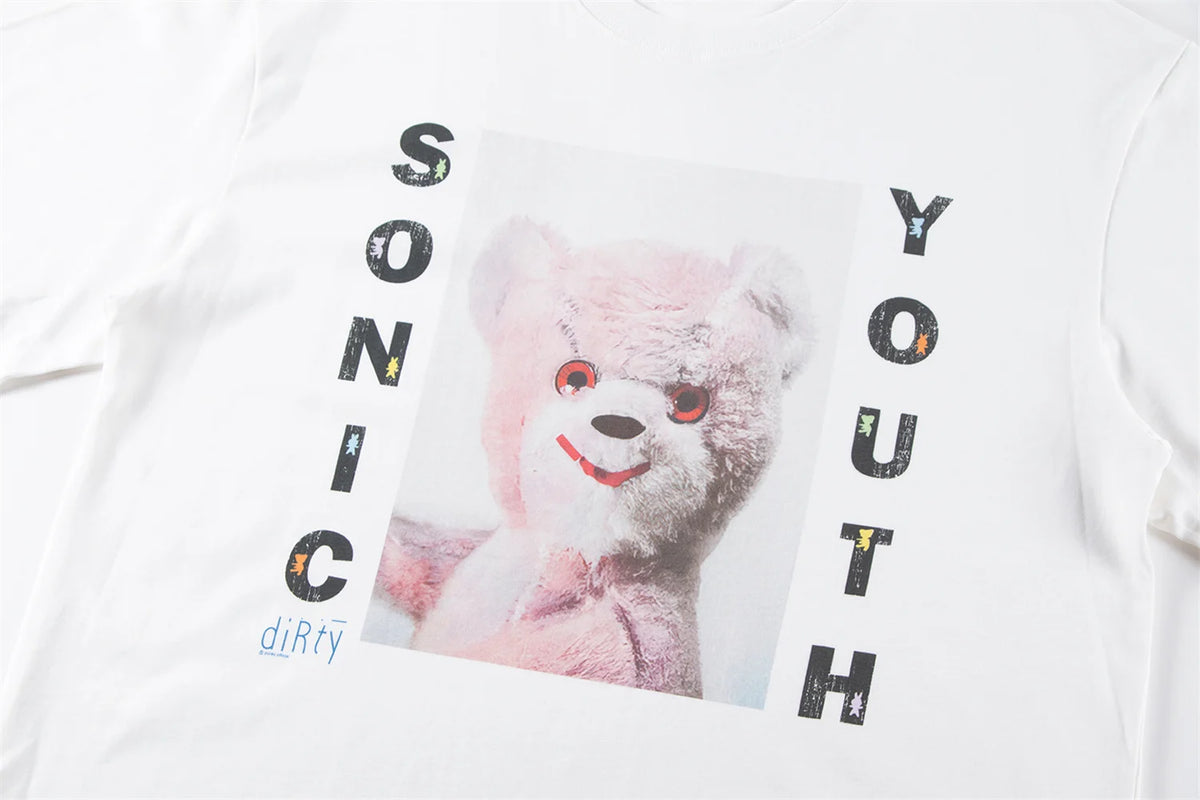 Vintage Summer Pink Rock bear Cartoon Distressed Cotton Casual T-Shirt Tops Street King Limited