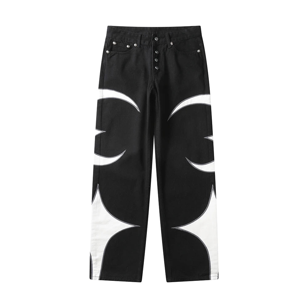 letter embroidery pu leaher patchwork baggy y2k jeans mens streetwear straight oversized denim trousers unisex cargo pants unique cargo style 95