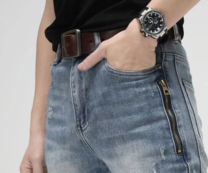 knee zipper patchwork pleated skinny denim jeans men casual slim biker trousers jeans fashion streetwear hip hop pants joggers unique joggers style 125