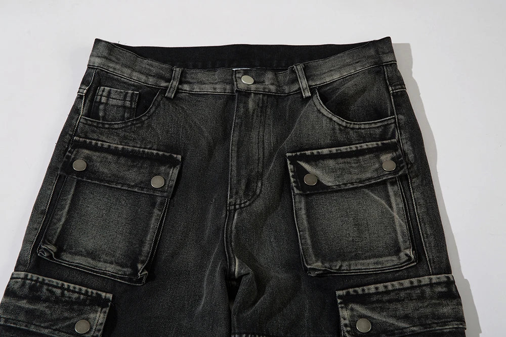 multi pockets embroidery washed baggy jeans for men and women straight ropa hombre casual cargo pants oversized denim trousers combat utility trousers