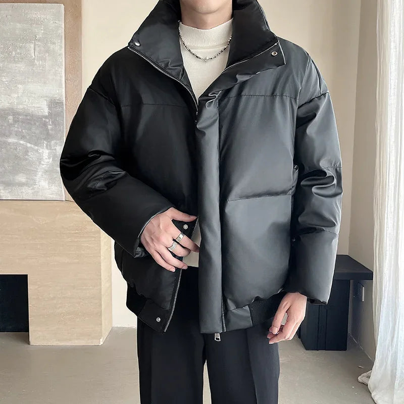 Winter Stand Collar Thicken Leather Short Jacket Men Fashion Loose Casual Warm Cotton-padded PU Leather Bomber Jacket Parka Coat Street King Limited