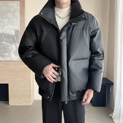 Winter Stand Collar Thicken Leather Short Jacket Men Fashion Loose Casual Warm Cotton-padded PU Leather Bomber Jacket Parka Coat Street King Limited