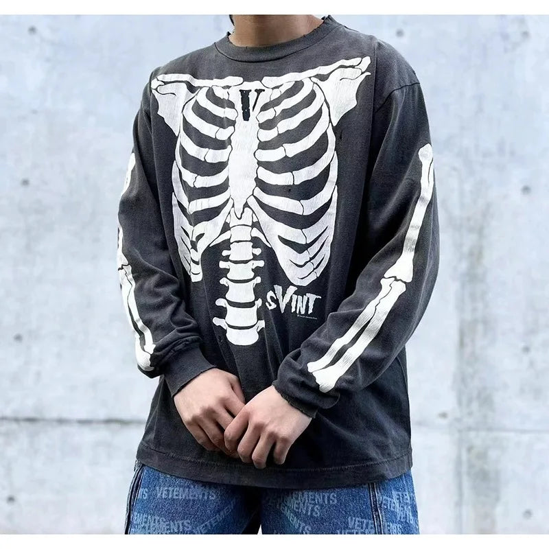 Vintage Retro Summer Skeleton round neck printed loose retro Sweater washed worn Pullover High-Street Long Sleeve Tee Street King Limited