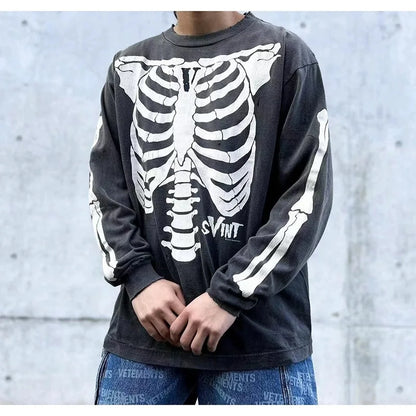 Vintage Retro Summer Skeleton round neck printed loose retro Sweater washed worn Pullover High-Street Long Sleeve Tee Street King Limited