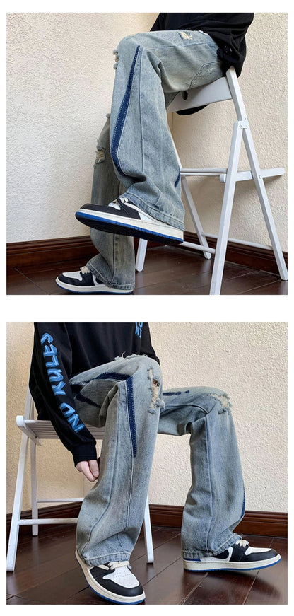 summer high street ripped jeans mens hip hop vintage design punk denim trousers hombre harajuku fashion casual y2k baggy jean unique jeans style 3174