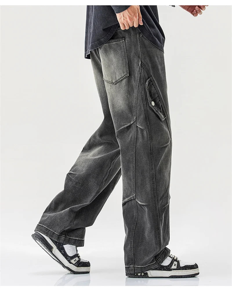 2025 new hip hop multi pockets straight jeans for men high street cargo denim pants spring y2k vintage distressed baggy jean unique cargo style 3368