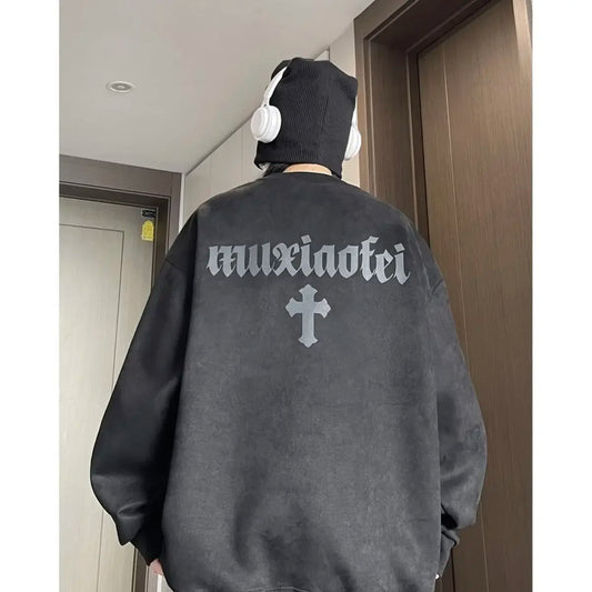 New suede sweatshirt for men in autumn new American high street handsome long sleeved couple tops printed round neck jacket y2k Street King Limited