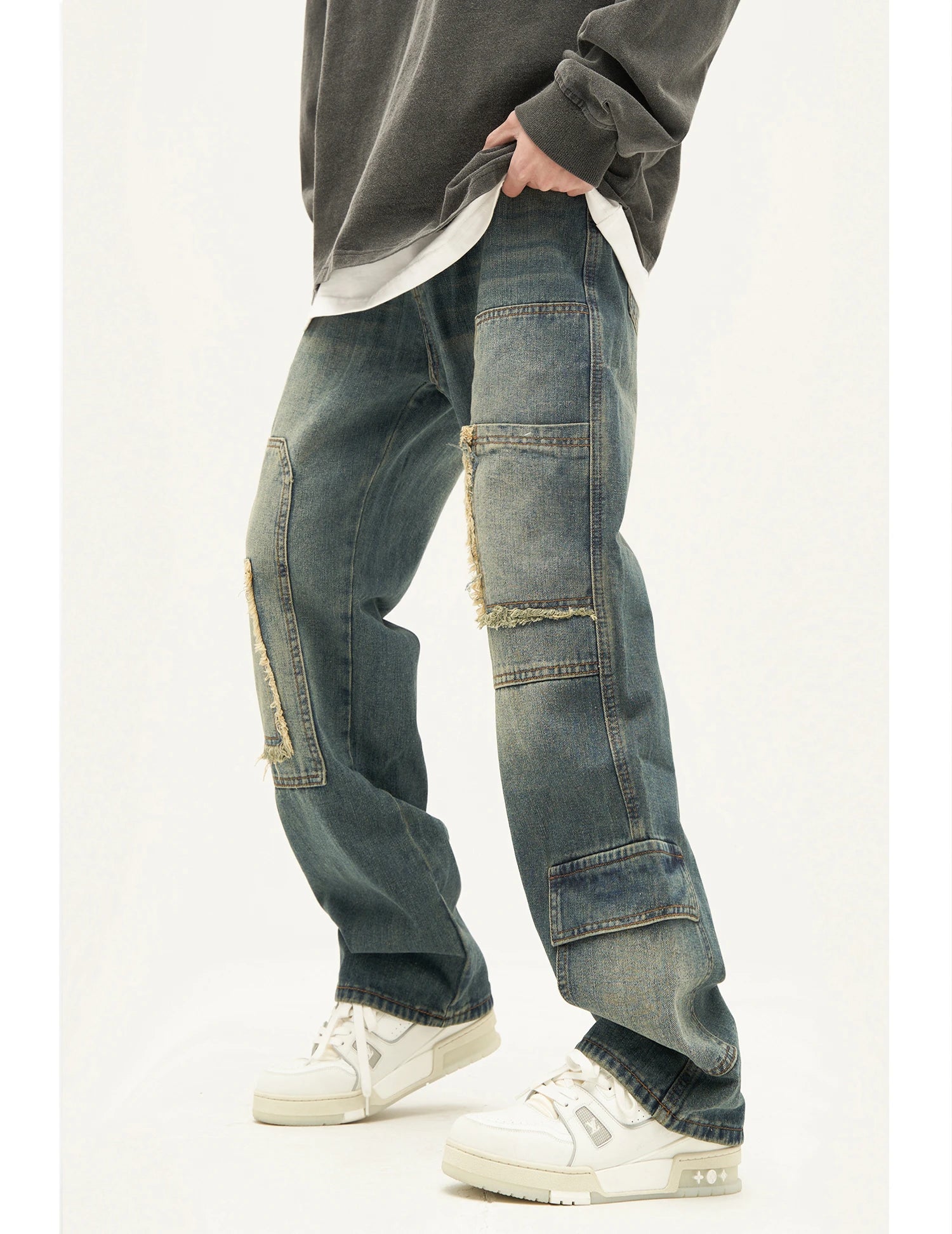 retro washed denim jeans destroyed ripped loose mens biker jeans side pocket fashion streetwear hip hop straight pants joggers unique joggers style 1201