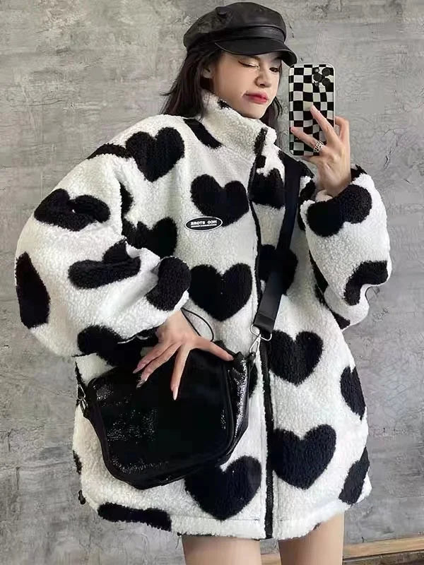 2024 autumn and winter new love lambswool cotton padded jacket double sided collar jacket couple loose jacket warm jacket y2k unique default style 4200
