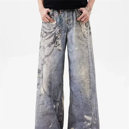 new 3d chain printed baggy jeans for men and women casual baggy straight denim pants high street wide leg y2k blue jean unique jeans style 426