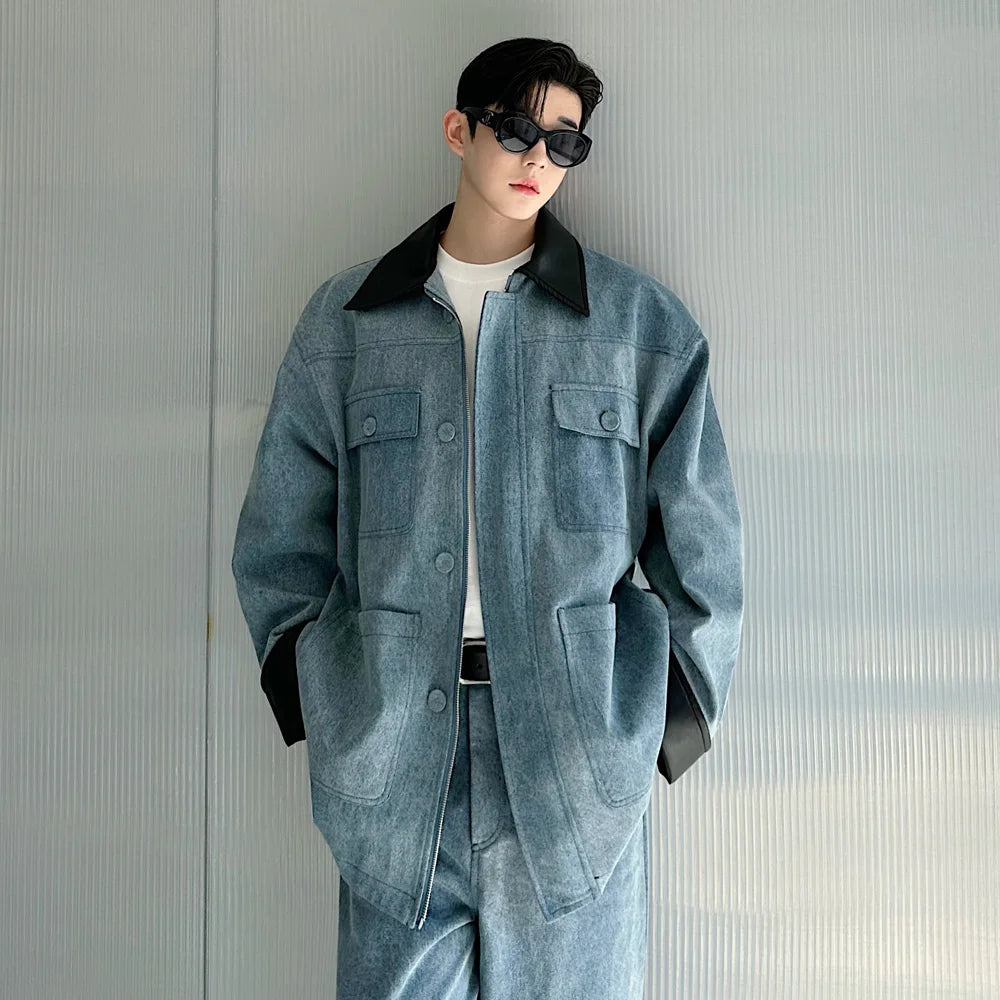 fashion show suits men streetwear washed denim splice loose casual jacket wide leg jeans pants 2 piece sets coat trousers suits urban skinny jeans