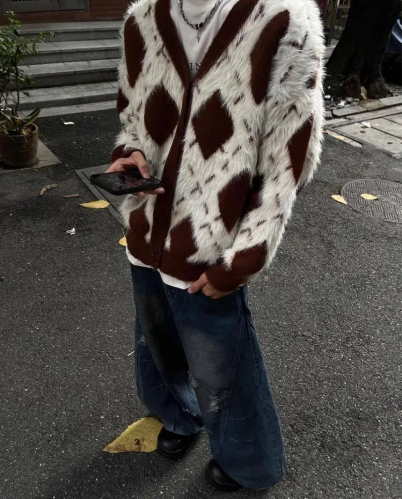 2024 New College Casual Mens Cardigan Autumn Diamond Grid Color Block Street Unisex Knitted Jacket Loose V-neck Sweater Coats Street King Limited