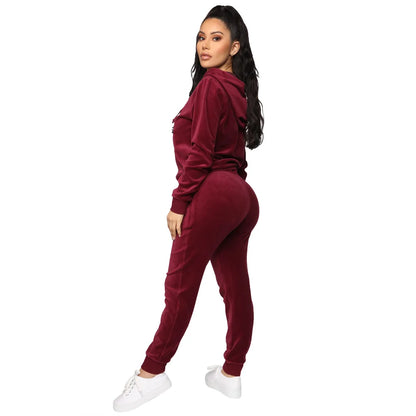 Women's Velvet Hooded Zipper Sweater Elastic Waist Trousers Two-piece Set Fashion Personality Trend Clothing Two-piece Slim Suit Street King Limited