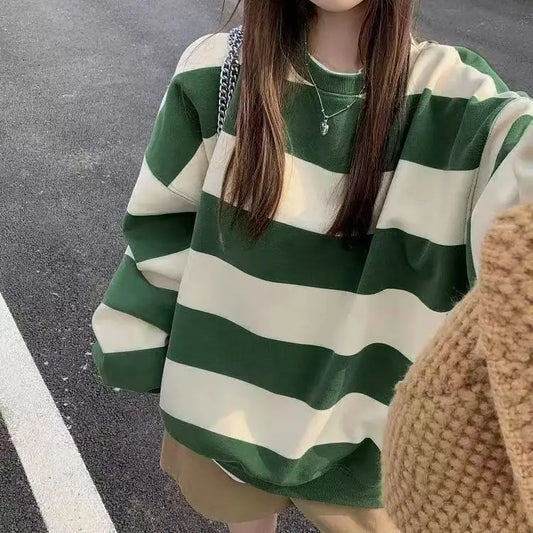 New original Korean retro green striped sweatshirt women's loose casual mid length lazy style long sleeved autumn top clothes Street King Limited