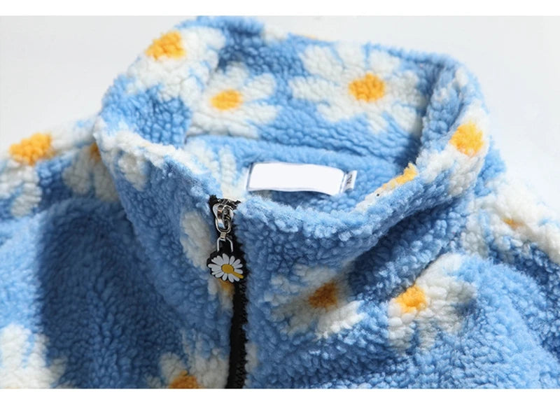 rainbowtouches cotton padded thick parkas jackets streetwear hip hop daisy print fleece warm full zip coats harajuku outwear unique default style 4414