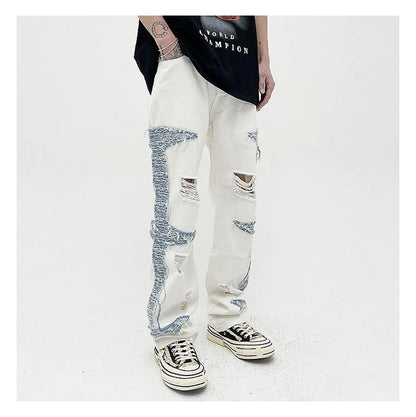 mens high street denim jean pants casual loose destroyed ripped holes straight jeans side patchwork hip hop streetwear joggers unique joggers style 1738