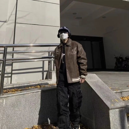 american motorcycle pu leather jacket mens street hip hop letter embroidery loose coat college retro pilot baseball outwear minimalist street pants