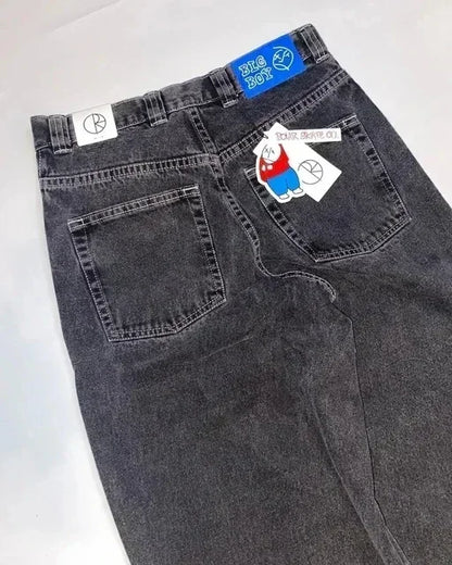 retro hip hop streetwear big boy jeans y2k embroidery pattern black baggy jeans pants men women fashion pants clothing unique jeans style 965