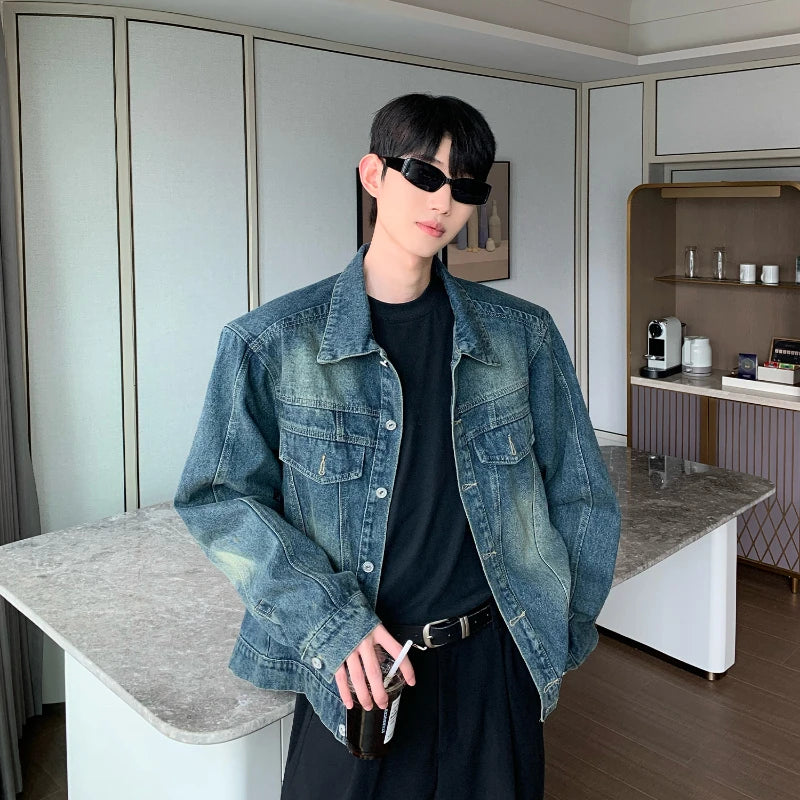 2024 trend mens denim jackets vintage washed design multiple pockets cowboy coats loose shoulder padded cardigan male spring denim street jeans