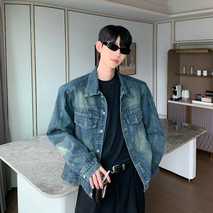 2024 trend mens denim jackets vintage washed design multiple pockets cowboy coats loose shoulder padded cardigan male spring denim street jeans