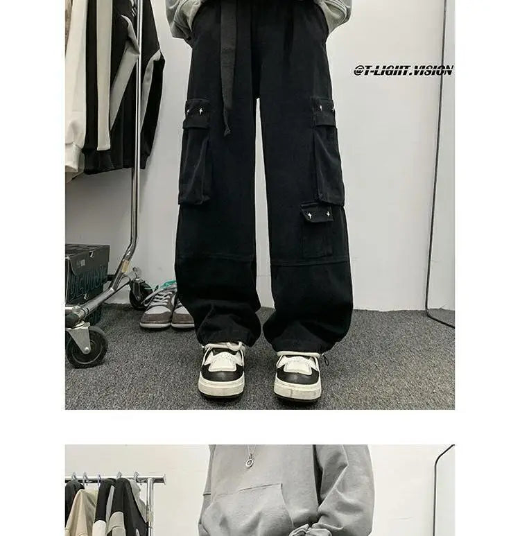 american hip hop large pocket workwear pants for men and women in autumn trend loose fitting straight leg casual wide leg pants unique default style 4771