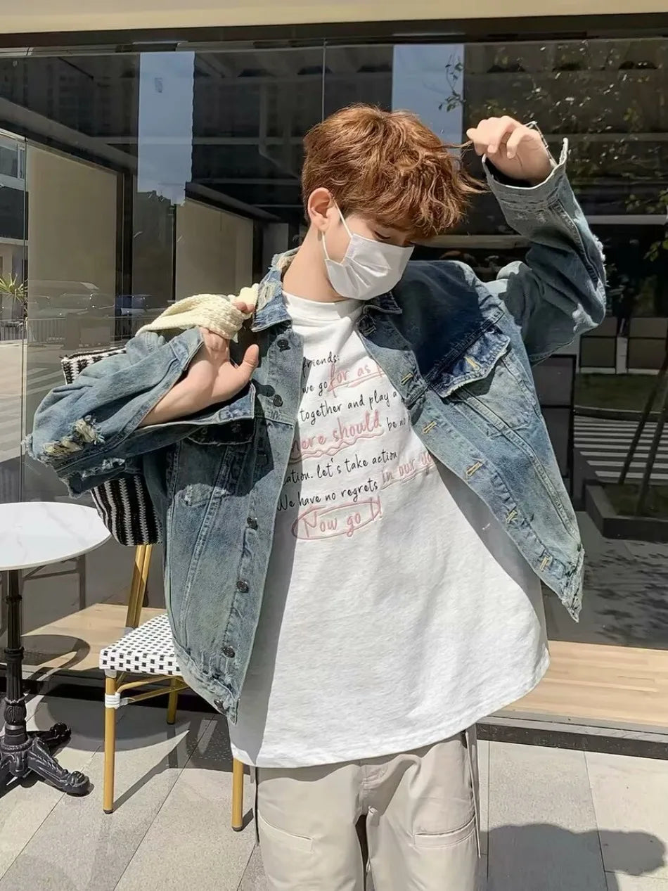 high street washed denim jacket mens trends new spring streetwear single breasted casual hip hop coats loose cowboy outwear unique jeans style 3986
