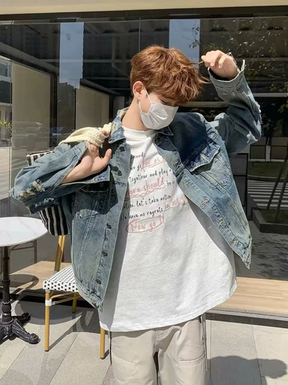 high street washed denim jacket mens trends new spring streetwear single breasted casual hip hop coats loose cowboy outwear unique jeans style 3986