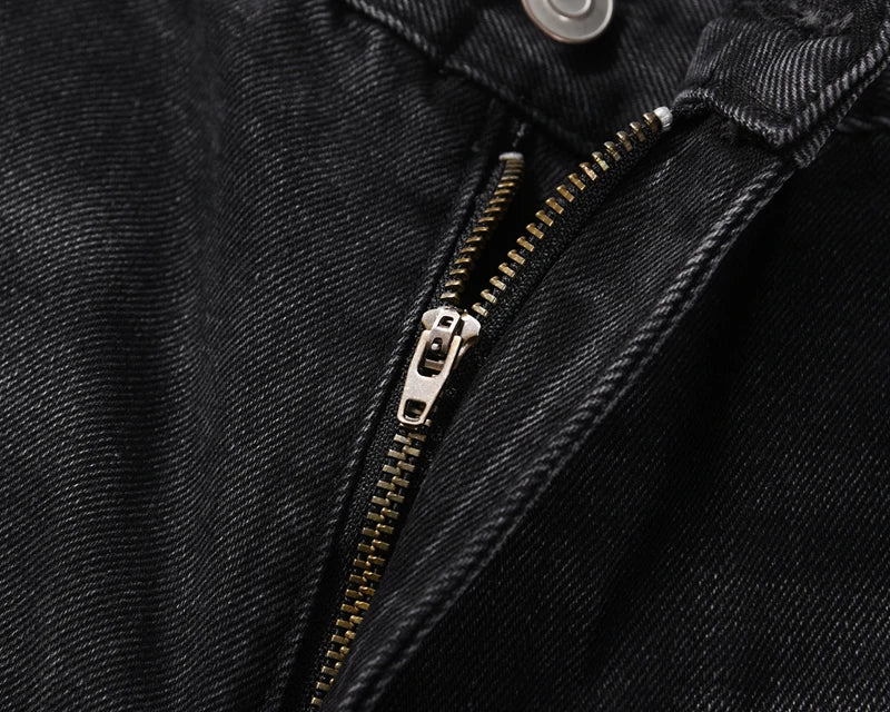 high street patchwork ripped black jeans pants for men straight retro casual sashes pockets denim trousers oversized loose jean unique jeans style 2829