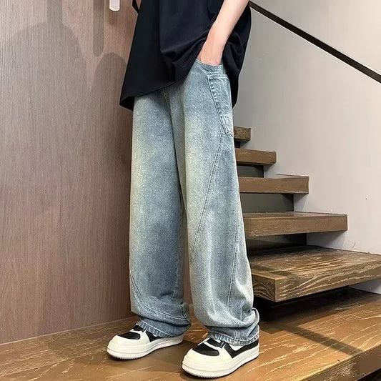 new vintage men s patchwork baggy jeans draped straight leg denim trousers autumn korean fashion high street casual y2k jean denim street jeans