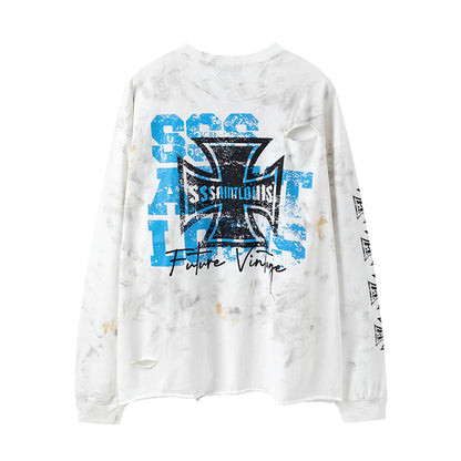 sssaint Louis Vintage Dirty Worn Distressed Cross Print High-Street Graffiti Long Sleeve T Shirt Pullover Summer Street King Limited