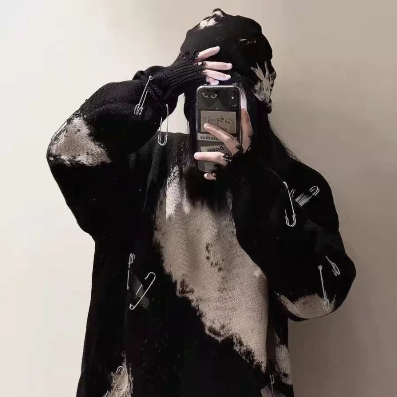 Deeptown Goth Punk Women's Ripped Knitted Sweater Gothic Vintage Jumper Grunge Y2k Knitwear Oversized Autumn Fashion Harajuku Street King Limited