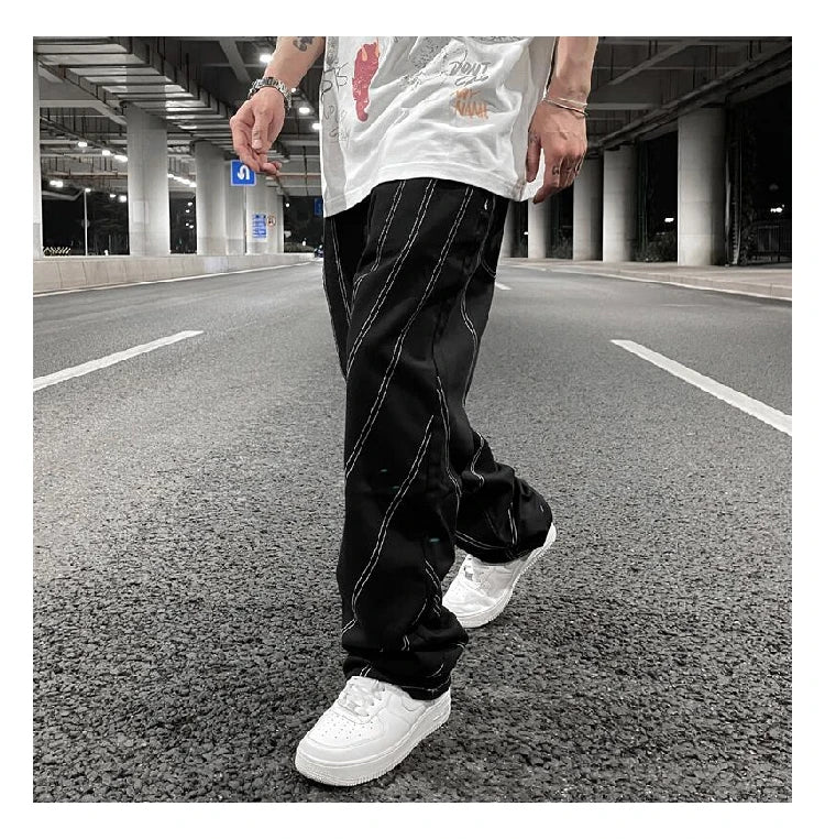 fashion design lines denim jeans mens zipper loose straight trousers hip hop new casual streetwear pants joggers baggy jeans unique joggers style 428