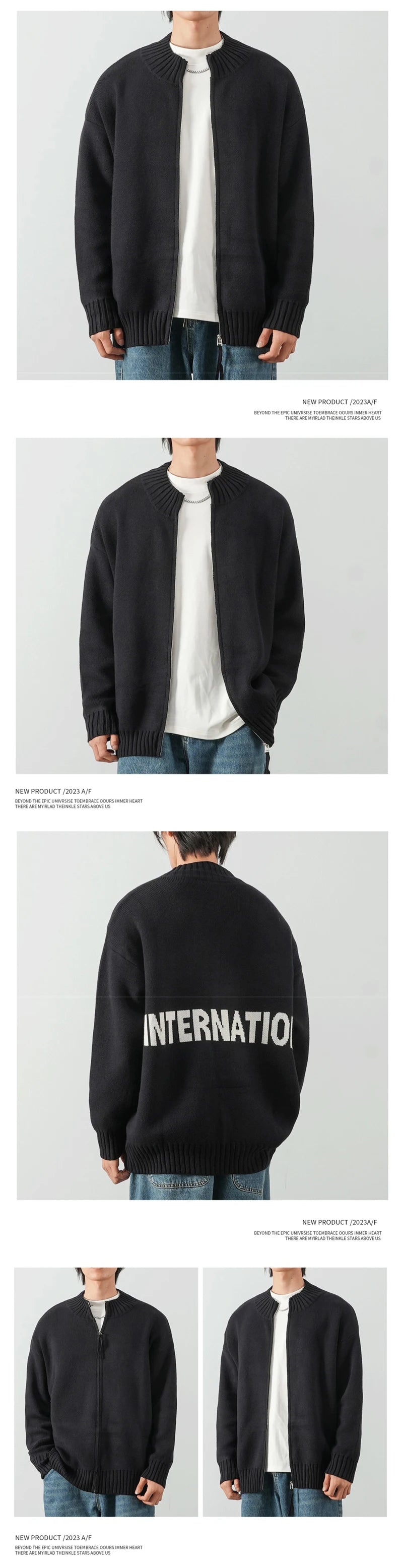 Autumn Solid Solor Zipper Cardigan For Men Letter Printed Crewneck Knitted Sweater Casual Loose Pull Homme Knitwear Jackets Street King Limited