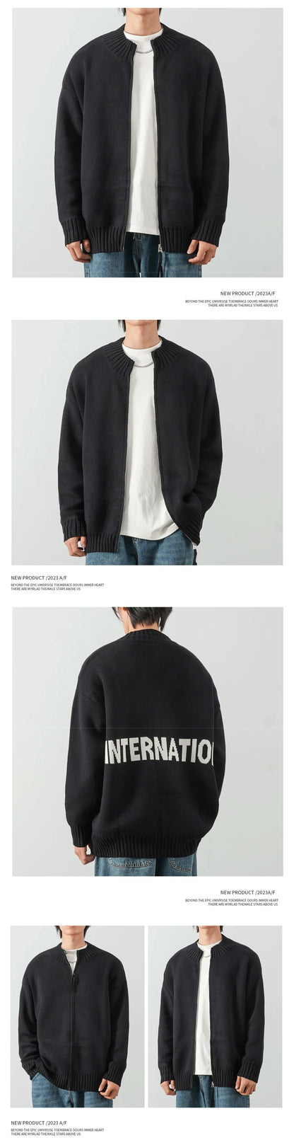 Autumn Solid Solor Zipper Cardigan For Men Letter Printed Crewneck Knitted Sweater Casual Loose Pull Homme Knitwear Jackets Street King Limited