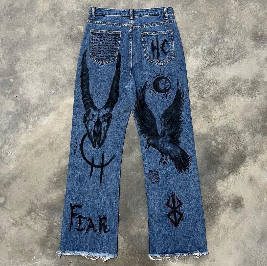european and american super hot devil pattern pants printed jeans high street hip hop versatile loose vintage blue denim pants unique jeans style 752