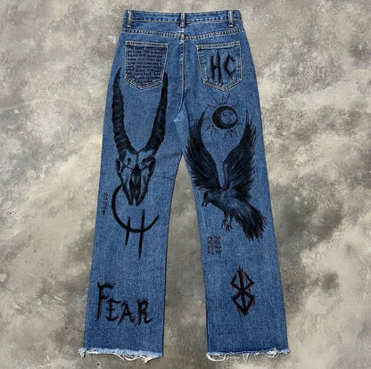 european and american super hot devil pattern pants printed jeans high street hip hop versatile loose vintage blue denim pants unique jeans style 752
