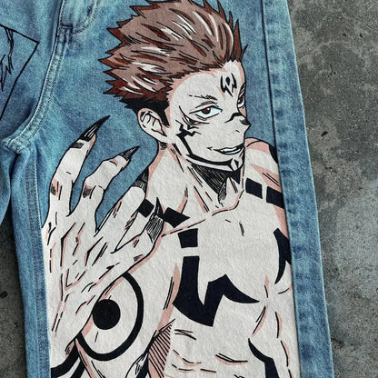 Harajuku fashion mens women’s jeans lightning graphic wide leg jean streetwear y2k denim cuples high waist pants men clothing Street King Limited