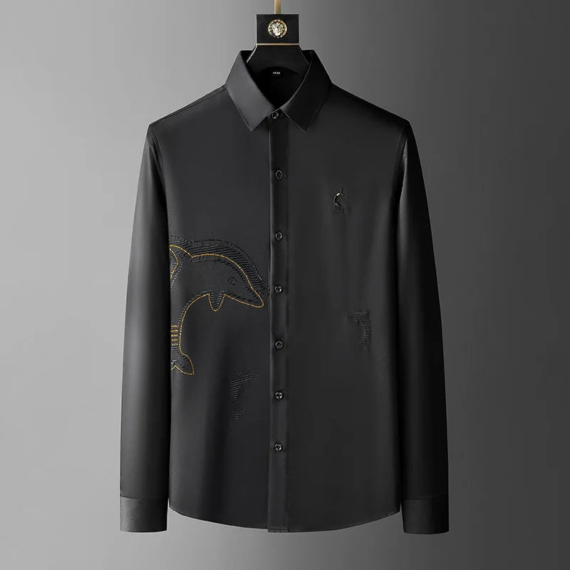 New Men luxurious Diamond Rhinestones Embroidered Dolphin Fashion Cotton Casual Shirts Shirt high Pocket Long-sleeves 5XL #A672 Street King Limited