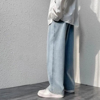 korean mens casual long jeans loose retro straight baggy pants denim wide leg pants light blue grey black retro washed jeans unique jeans style 1237