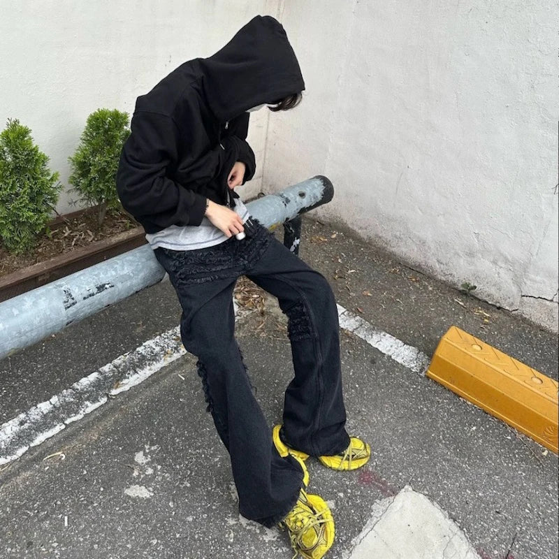 y2k streetwear trendy oversized micro flare jeans black ro hip hop washed tassel distressed denim jean raw edge mens wide pants ripped baggy denim