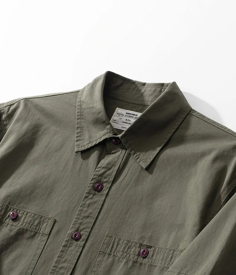 Men's Japanese Short Sleeve Cargo Shirt, Solid Color, Simple Fashion, Engineer Casual Shirt, 100% Cotton, New, Summer Street King Limited