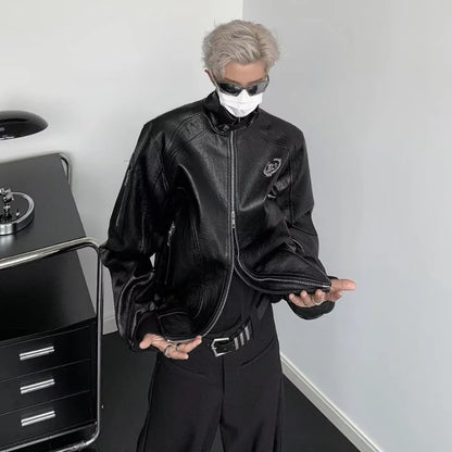 punk leather jacket mens spring standing collar trendy high street coats y2k streetwear hip hop motorcycle outwear 2024 new unique default style 2253