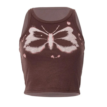 Top women Y2K Aesthetics Butterfly Print Brown Crop Tops Indie Streetwear O-neck Sleeveless Tank Tops 90s Fashion Summer Vests Street King Limited