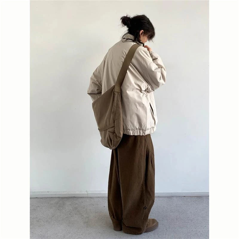 winter 2024 japanese college set mens vintage stand collar cotton jacket casual wide leg pants 2 piece suits male street 2 pcs urban fashion pants